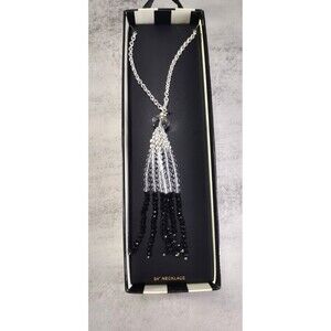 Vintage Y Beaded Necklace Pendant Tassle Faceted Black Clear Silver Tone 34"